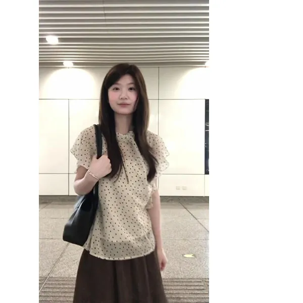 法式荷叶边波点雪纺短袖衬衫女夏季内搭吊带后背系带上衣裙子套装商品图