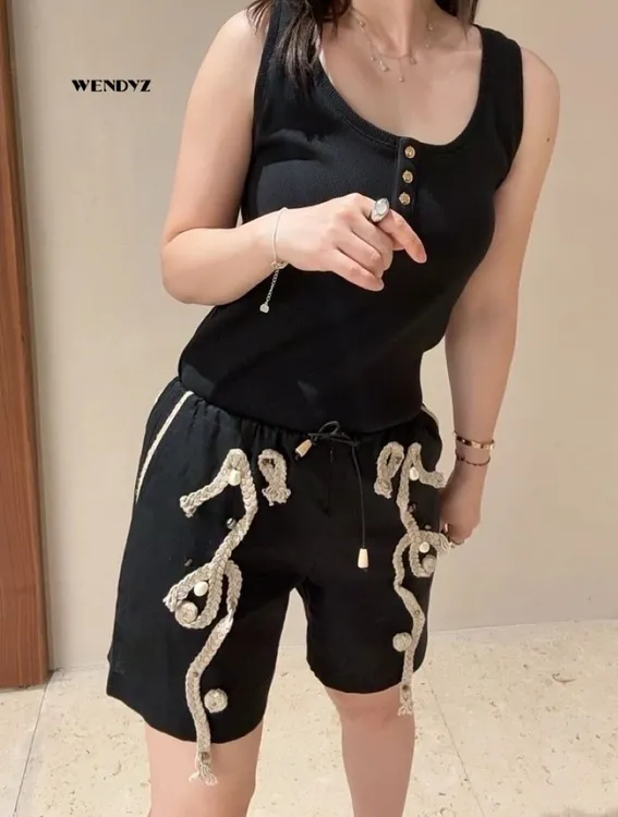 LAVA MAMA 亚麻织带装饰短裤 