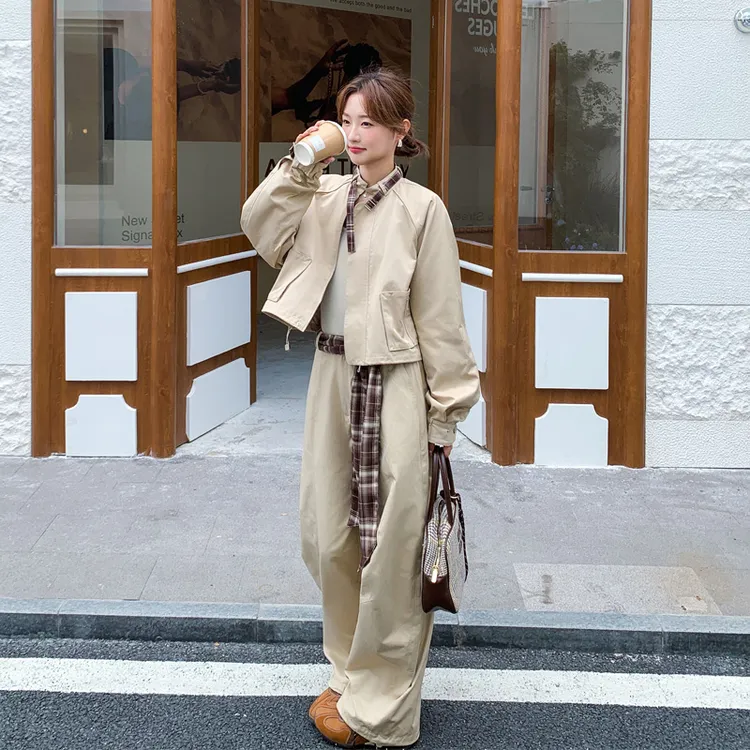 小众设计感格子拼接套装裤2025春秋新款复古工装甜酷风显瘦两件套