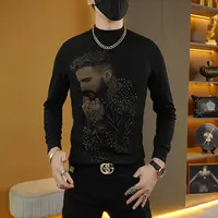 秋冬季轻奢潮流时尚舒适烫钻个性痞帅百搭帅哥男士修身圆领长袖