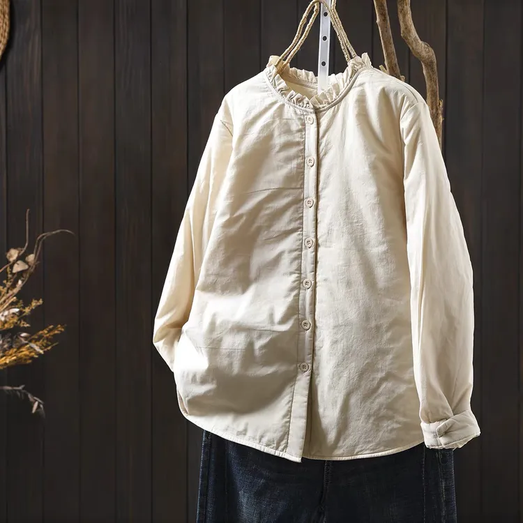 棉衣女款2025新款秋冬纯棉夹棉衬衫木耳领薄款巨好看打底内搭上衣