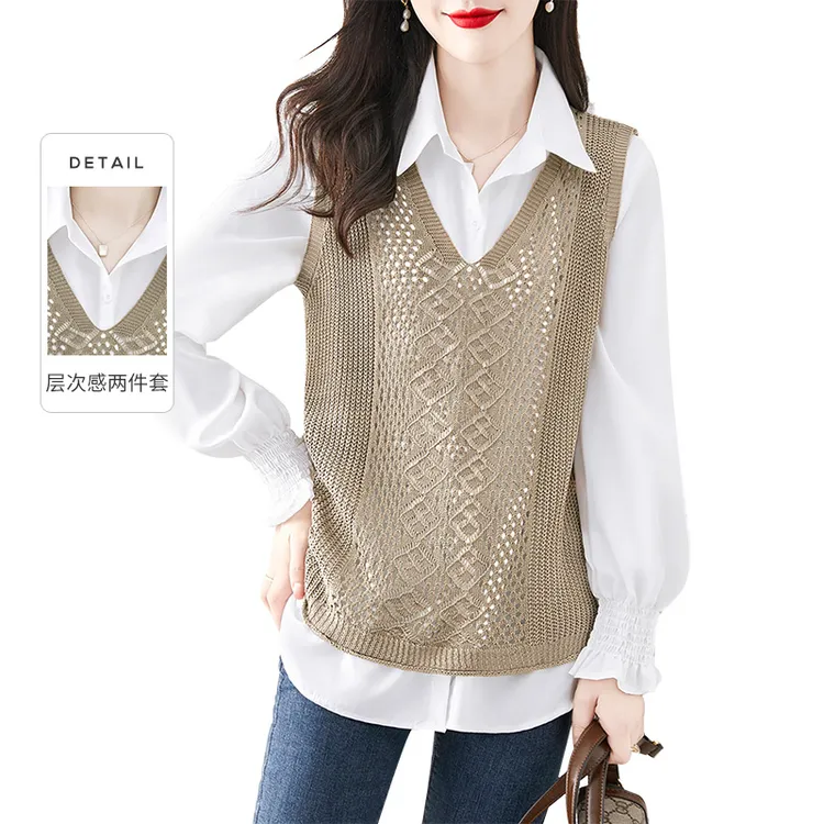 丝柏舍2025秋季流光风女衬衫搭镂空马夹休闲两件套S13Z0050NA