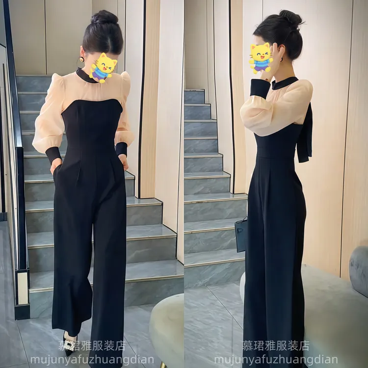 2025年春季网红新款时尚连体衣裤女气质优雅泡泡袖撞色显瘦连体裤