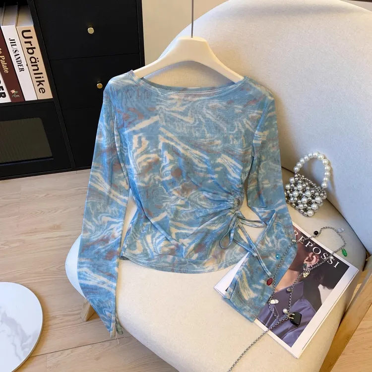 蓝色扎染网纱长袖t恤女秋薄款美式辣妹修身显瘦抽绳防晒罩衫上衣