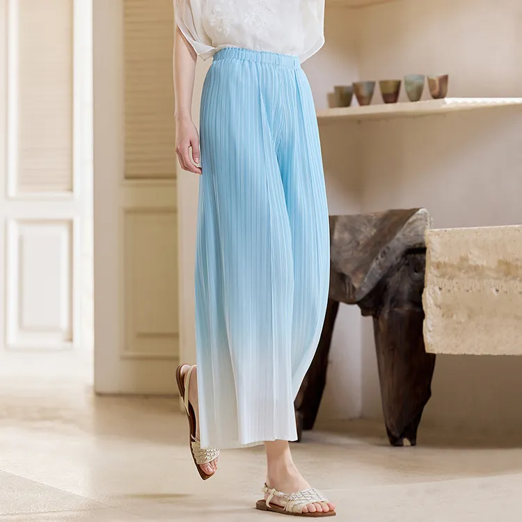 生活在左2025春压褶裤子肌理感蓝白渐变优雅宽松阔腿裤女1951098