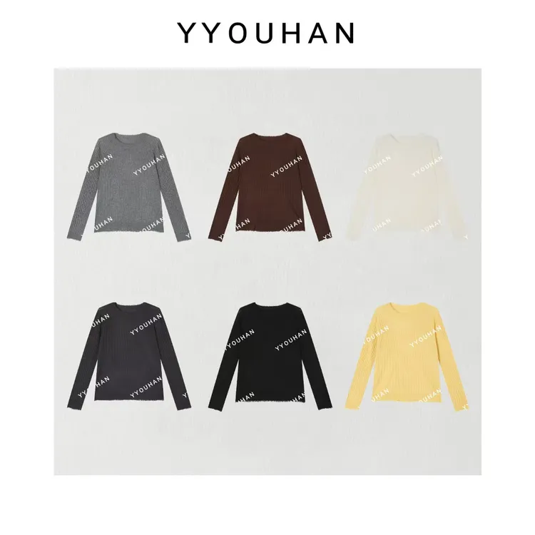 月月 秋冬四季通用针织衫领口破边竖纹显瘦针织上衣 2508C5249