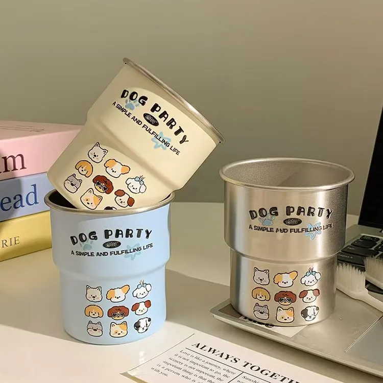 家用刷牙304牙刷卡通小狗家族304洗漱高颜值情侣可爱不锈钢漱口杯