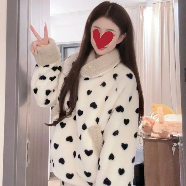 （爱心豆豆）冬季可爱加厚加绒保暖休闲睡衣女翻领外穿韩版甜美网红