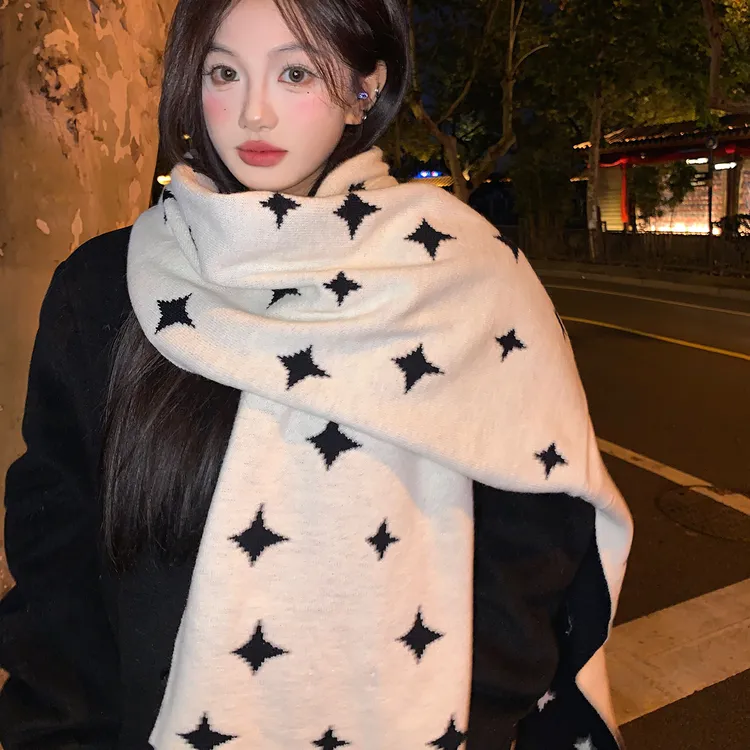 双面星星仿羊绒加厚针织围巾女秋冬季保暖韩系氛围感防寒披肩围脖