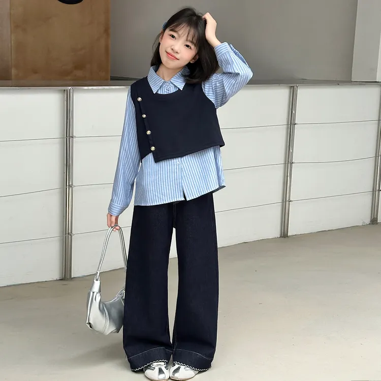 女童学院风套装2025新款儿童春秋洋气时髦假两件衬衫阔腿裤两件套