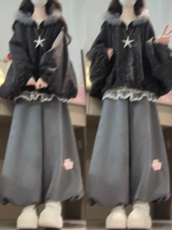 2026秋冬新款日系复古蝙蝠袖波点加绒外套搭配阔腿裤时尚两件套女