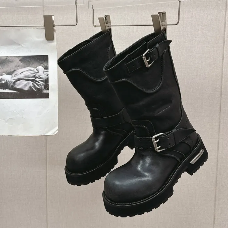 欧美风2025新款水洗真皮毒液厚底中筒短靴女复古机车马丁靴骑士靴