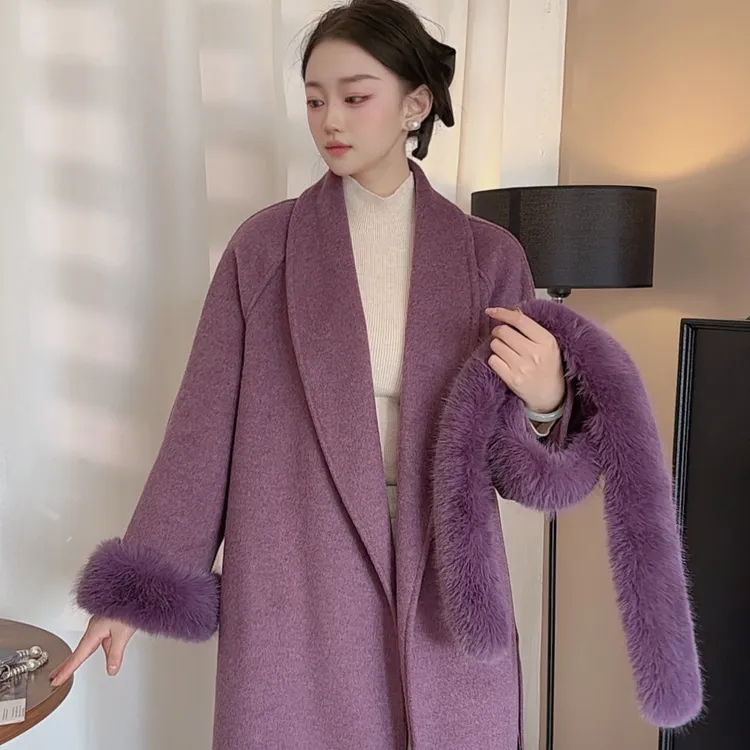 新款毛袖大长款双面长毛羊毛大衣韩版高级质感百搭韩ins风-25069T