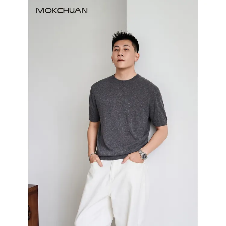 【亚麻+莱赛尔】老钱静奢高级感冰爽针织衫男休闲上衣圆领短袖T恤