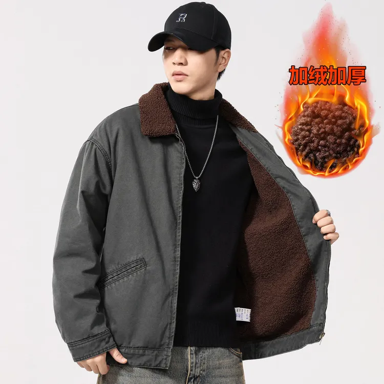 2025冬季新款加绒加厚牛仔夹克男拉链款羊羔绒宽松棉衣保暖外套潮