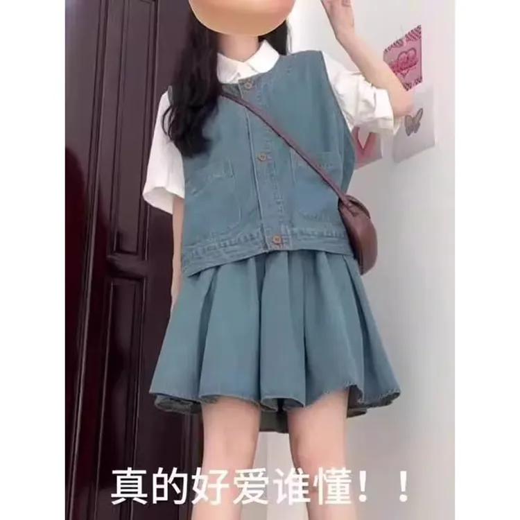 大码300斤复古学院风牛仔马甲胖mm短袖衬衫高腰半身裙三件套装女