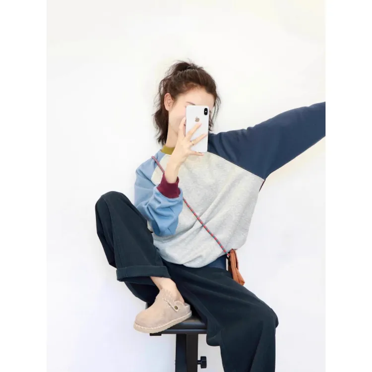 美式复古独特撞色插肩袖慵懒风圆领卫衣女秋冬小众不撞款上衣外套