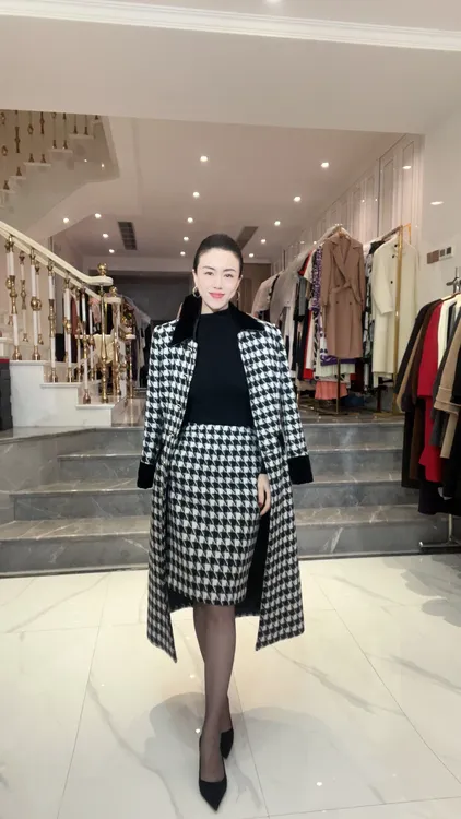 6161【复古时尚】研家轻奢一生经典羊绒羊毛千鸟格半裙修身小直筒裙