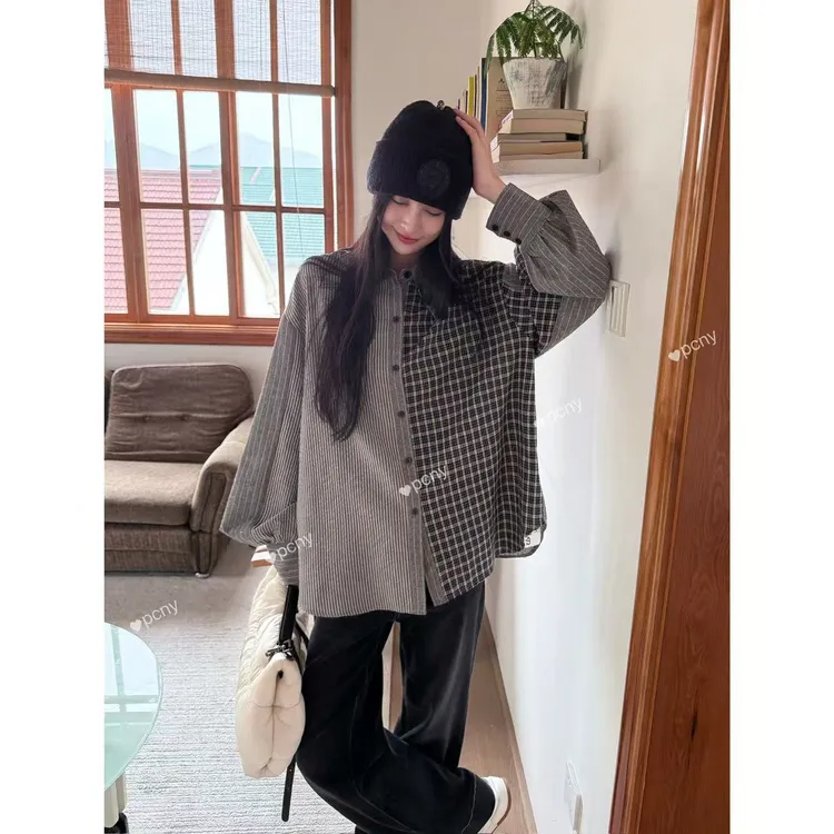 PCNY「格纹条纹」不理理冬季新款小众女装时尚休闲衬衫