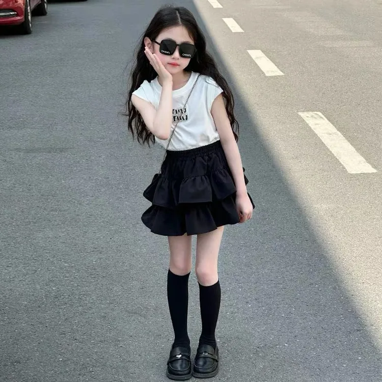 女童夏季短袖套装2025新款儿童韩系烫钻T恤上衣两件套洋气蛋糕裙