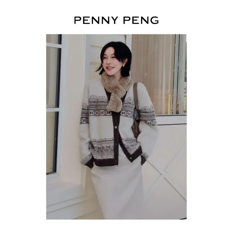 PENNYPENG 插画涂鸦 秋冬老钱静奢风艺术氛围感V领羊毛羊绒开衫