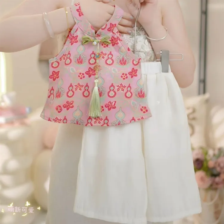 女童国风背心套装夏季2025新款儿童新中式挂脖上衣阔腿裤两件套潮