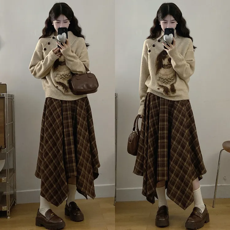 大码胖mm秋冬新款小狗复古宽松慵懒风外穿针织衫毛衣半身裙套装女