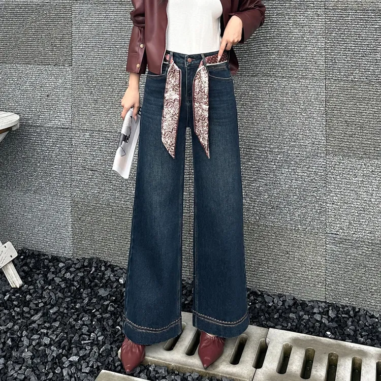 加绒十分阔腿牛仔裤女2025秋冬高腰水洗时尚休闲直筒拖地裤5606