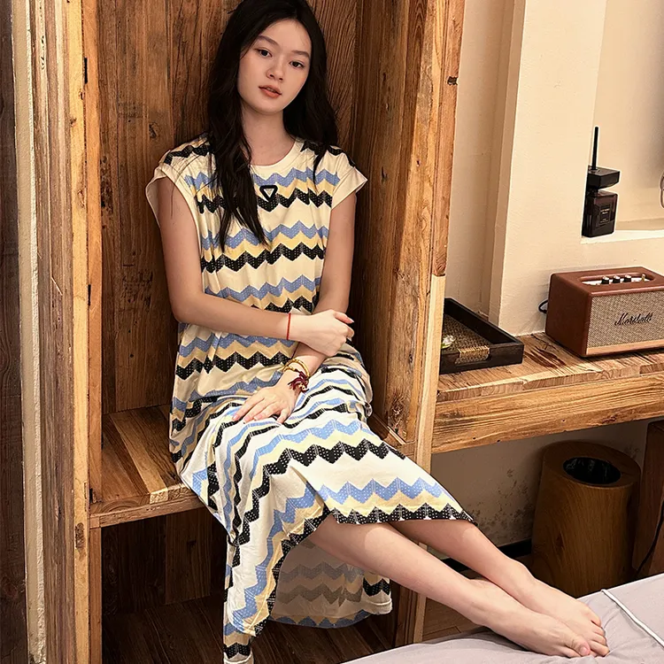莫代尔棉背心睡裙女夏季薄款无袖带胸垫条纹连衣裙休闲宽松家居服