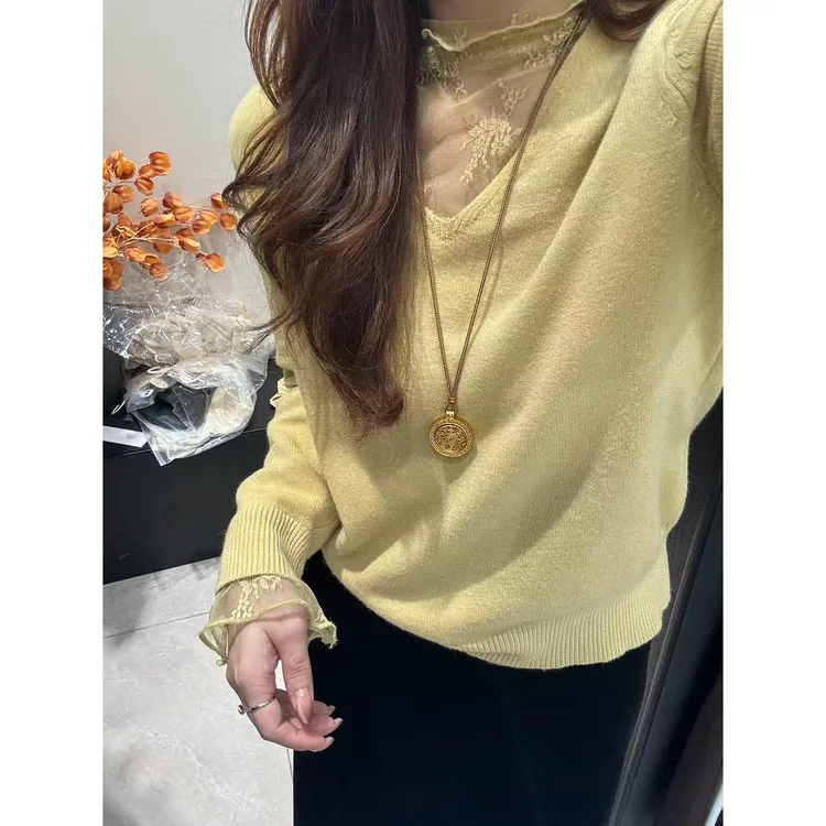 NS「云柔漫步」ins法式拼接蕾丝设计感网红显瘦百搭上衣打底衫毛衣