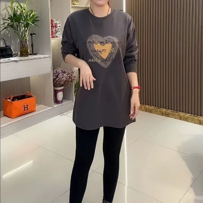 开叉中长款卫衣女2025年秋冬款韩版新品圆领印花宽松显瘦休闲上衣