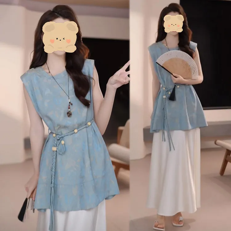 2025夏季新款新中式连衣裙套装女洋气提花马甲背心半身裙三件套潮