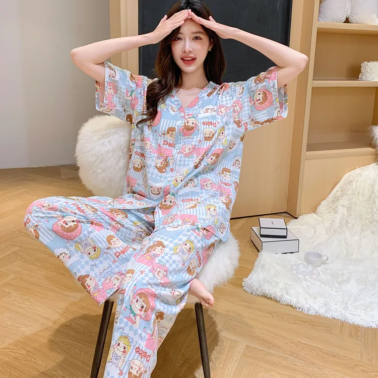 夏季可爱棉绸短袖睡衣三件套装女可外穿夏天小个子透气甜美家居服