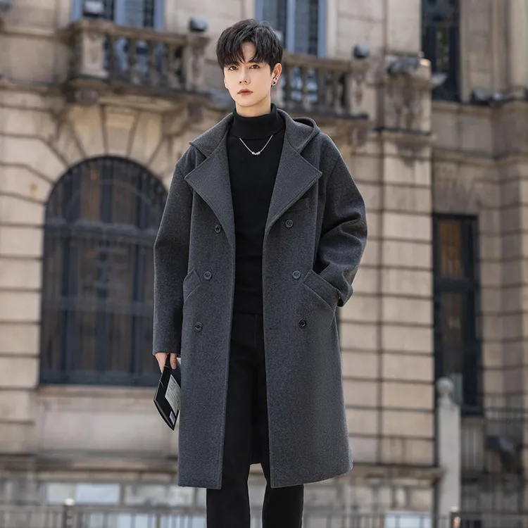 高级感连帽毛呢大衣男秋冬季潮流宽松中长款过膝呢子风衣韩系外套