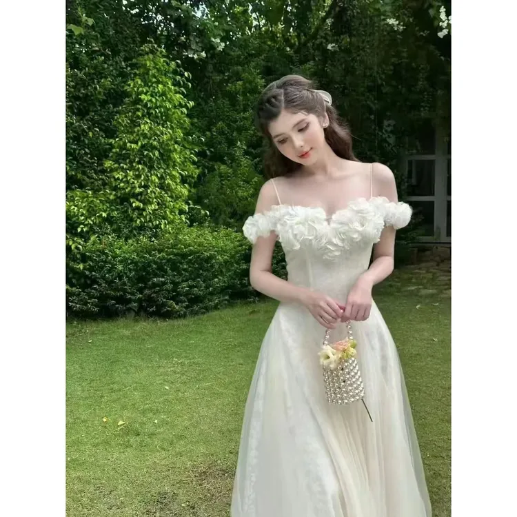 【DÉ MYSTÈRE】越南小众洋气仙女礼服一字肩吊带连衣裙GSEN256032