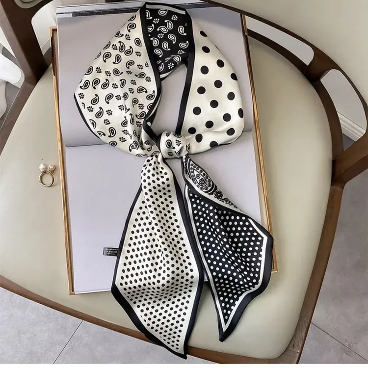 【腰果花】百搭护颈时尚黑白长条丝巾细飘带女士气质洋气双层