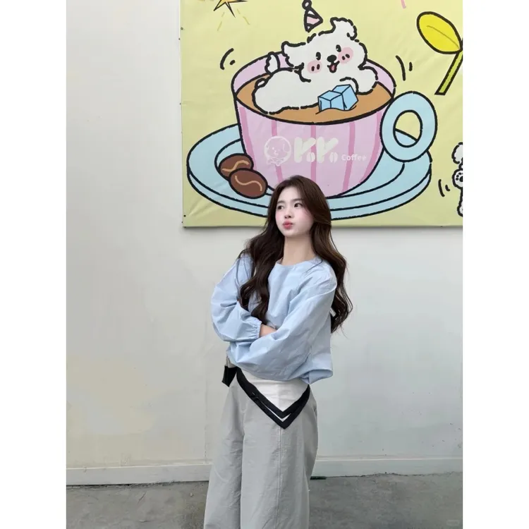2025春季新款设计感百搭圆领宽松显瘦长袖衬衫女上衣裤子套装女潮