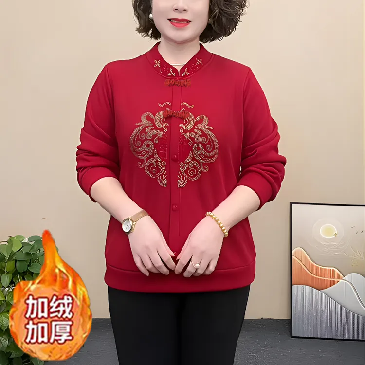 【新年福气】加绒加厚女士气质烫钻中式风卫衣百搭洋气妈妈装打底