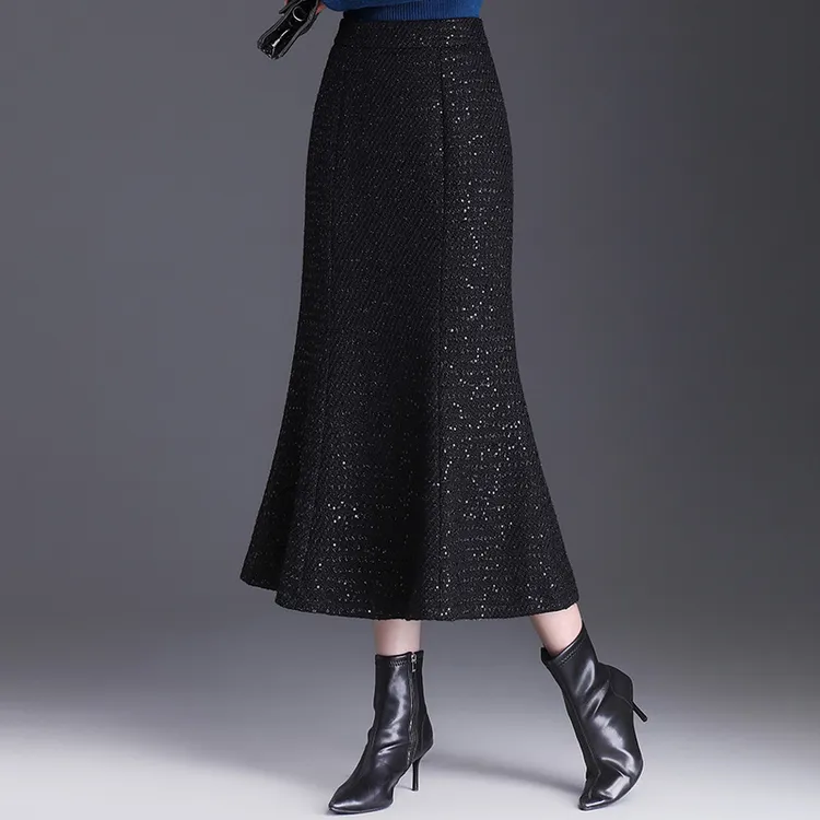 时尚小香风亮片鱼尾半身裙女2025年秋冬季新品高腰气质包臀中长裙