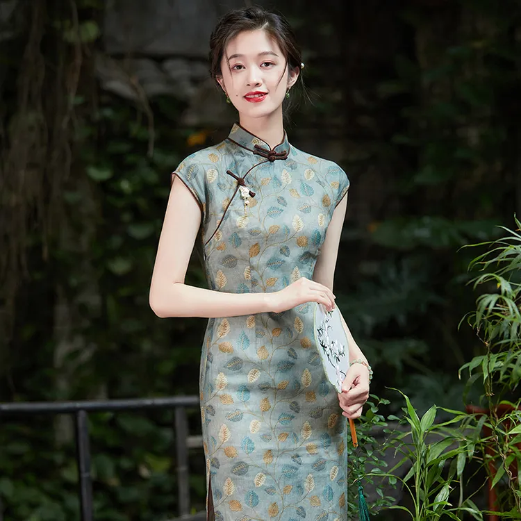 送考金枝玉叶雅韵旗袍夏季复古中国风苎麻印花日常改良修身连衣裙