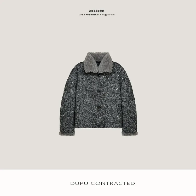 DUPU CONTRACTED 复古时髦人字纹粗花尼羊羔毛毛领毛呢外套