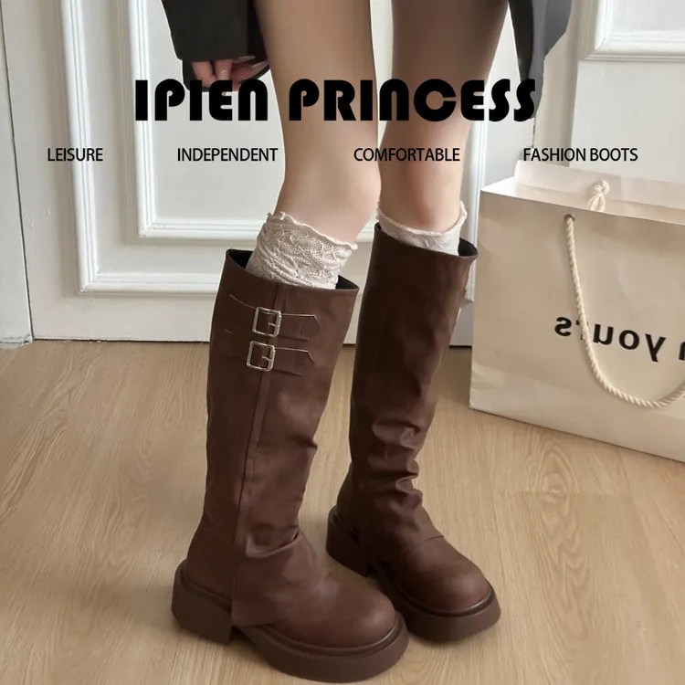 厚底百搭复古美拉德长筒靴女款2025秋季新款爆款小个子时尚堆堆靴