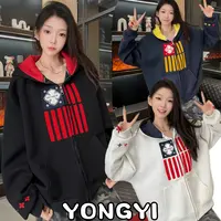 YONGYI美式重工刺绣连帽开衫卫衣撞色百搭复古拉链外套男女秋冬
