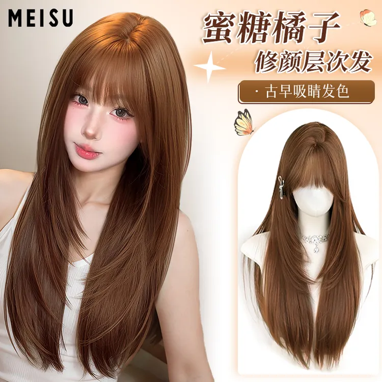 美宿【蜜糖橘子】女全头套古早日系齐刘海橘棕色高层次假发推荐