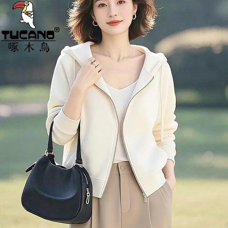 啄木鸟纯棉连帽卫衣百搭爆款韩版洋气减龄休闲慵懒风纯色拉链外套