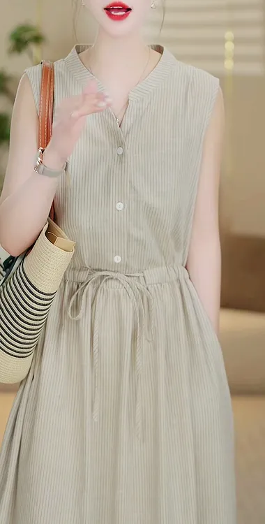 夏季新款时尚简约百搭条纹棉麻短袖连衣裙女宽松显瘦A字裙子988