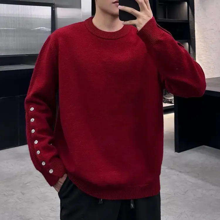 新年限定款红色毛衣高级感袖口小众设计针织衫冬季时尚老钱风男装