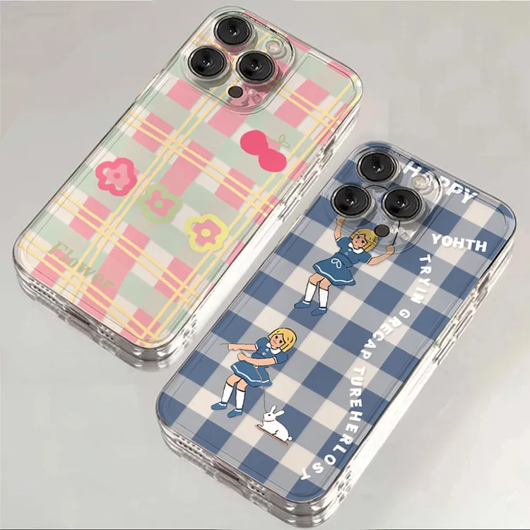 ins格纹樱桃花朵适用苹果15promax手机壳iphone14全包13透明12/16