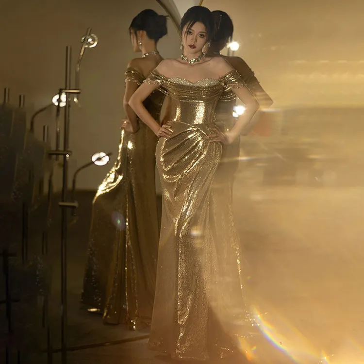 金色亮片一字肩新娘敬酒服主持人宴会成人礼鱼尾小众轻奢晚礼服女