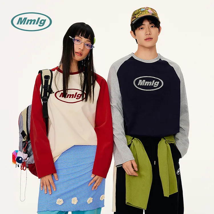 Mmlg2025年秋撞色拼接插肩袖t恤牙刷绣经典logo男女同款FQT002